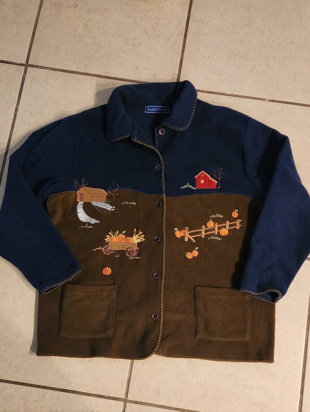 Karen Scott Vintage Button Up Fleece Jacket Embroidered Autumn Fall Pumpkin XL